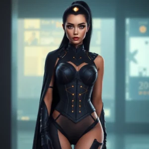 Ultra-Realistic, Ultra-detailed cinematic portrait of The Architect, a commanding cyberpunk Caucasian empress in her mid-to-late 20s. Sharp cheekbones, full lips, piercing violet eyes with a natural, realistic finish — no glow. Long sleek black hair with subtle metallic strands in a high ponytail. Tall, statuesque feminine figure (about 5’7”) with a graceful hourglass shape — narrow waist, proportional hips, and long legs. Full, natural D-cup bust with elegant curves, balanced by a toned yet softly contoured frame. Smooth, even skin tone, subtle muscle definition without bulk, and a poised, commanding posture that exudes both allure and authority. Wearing a black armored corset with glowing gold circuitry, high-collar cape with structured shoulders, long leather gloves with cybernetic seams, and thigh-high stiletto boots. A minimal cybernetic crown with glowing central gem rests on her head. Confident, commanding stance, calm and condescending expression. Shot from low angle to emphasize dominance. Ultra-realistic textures, perfect skin, cinematic lighting, green screen background, 8k detail.