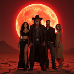 Flux Prompt:
ultra-photorealistic, cinematic group portrait, 5 people standing on cracked desert ground, glowing blood-red full moon in background, candlelight glow in foreground, dramatic rim lighting, sharp lifelike faces, visible skin texture, natural skin tones, fabric folds, leather coats, detailed clothing, IMAX film still, movie poster quality

Character tags:

female left: long black hair, black crop top, high-slit skirt, boots, jewelry

male 2nd left: tall, rugged, long wavy dark hair, stubble, long leather coat

male center: older, full gray beard, cowboy hat, dark coat

male 4th: young, short dark hair, black shirt, jeans

female right: blonde, wavy hair, beige sundress, barefoot